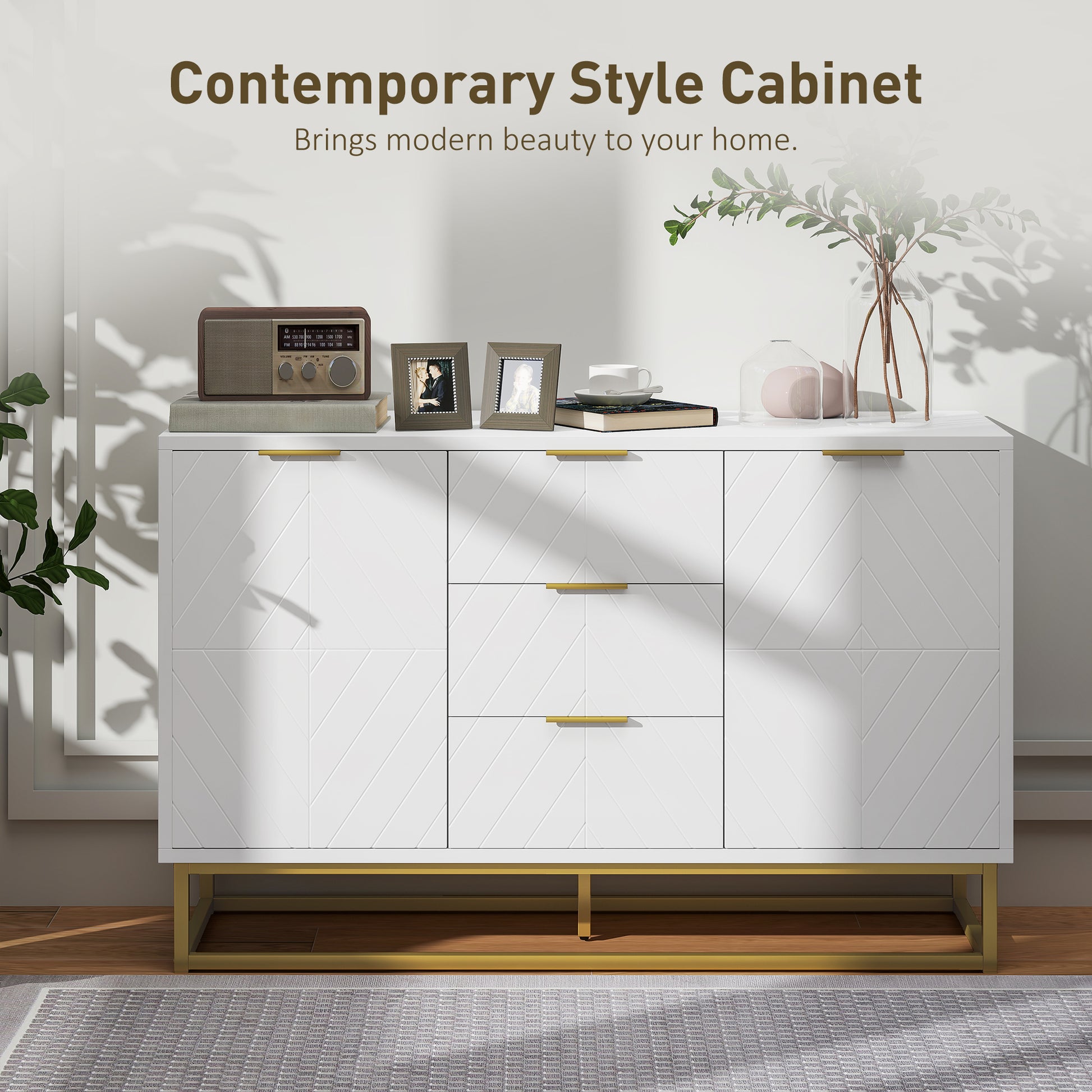 47" Storage Cabinet with Doors, Adjustable Shelves, 3 Drawers, Metal Legs for Kitchen Storage, Home Use, White