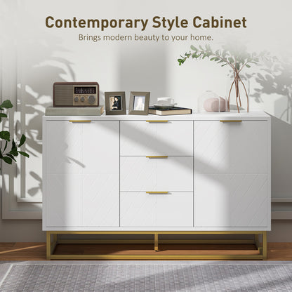 47" Storage Cabinet with Doors, Adjustable Shelves, 3 Drawers, Metal Legs for Kitchen Storage, Home Use, White