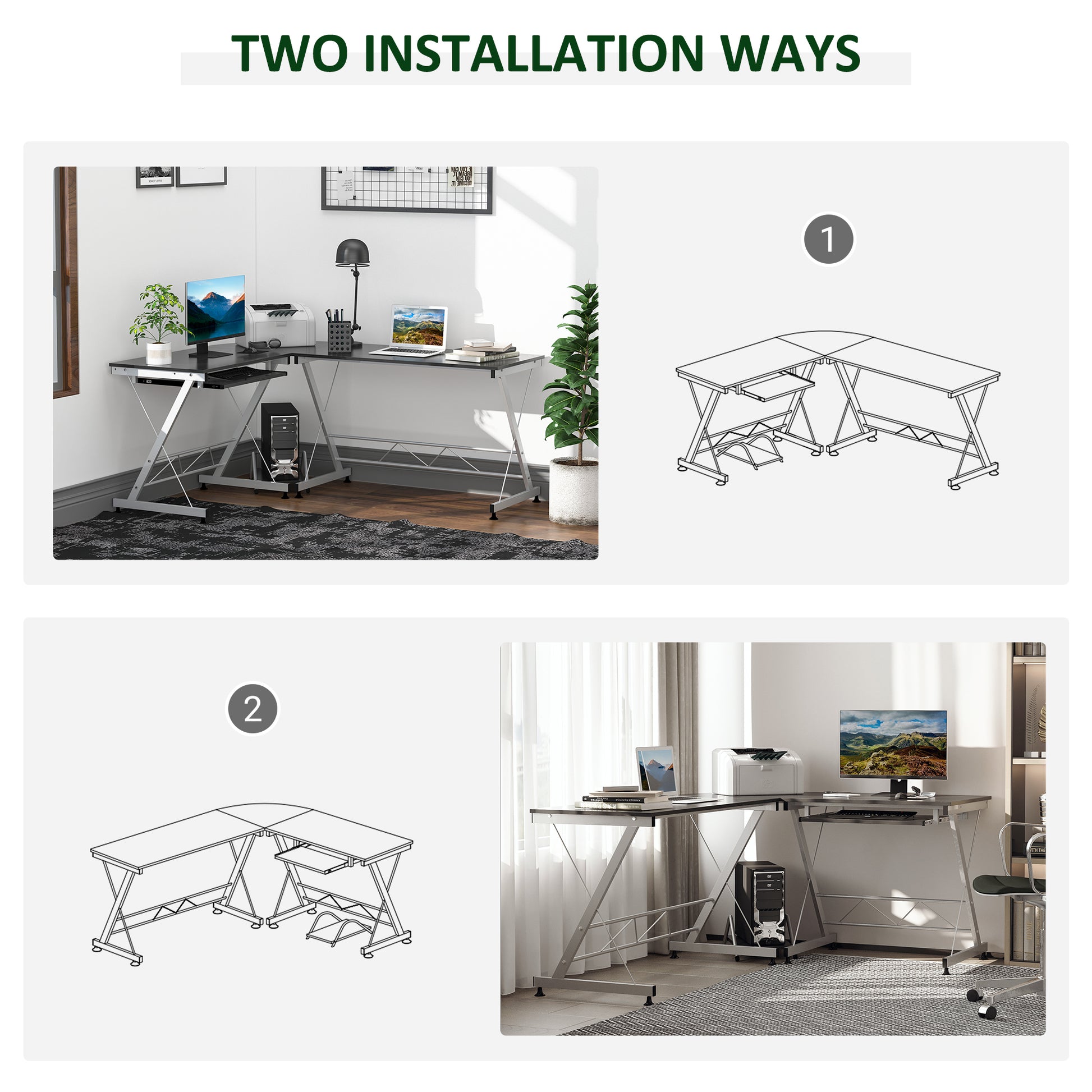 L-Shaped Computer Desk, Corner Table with Keyboard Tray for PC Laptop Desktop, Workstation Stand Home Office Furniture