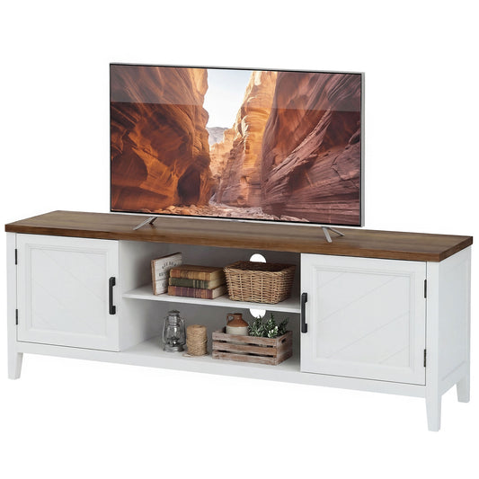 TV Stand for TVs up to 65 Inch, Entertainment Center with 2 Open Shelves, 2 Cabinets, Thick Top, White and Brown