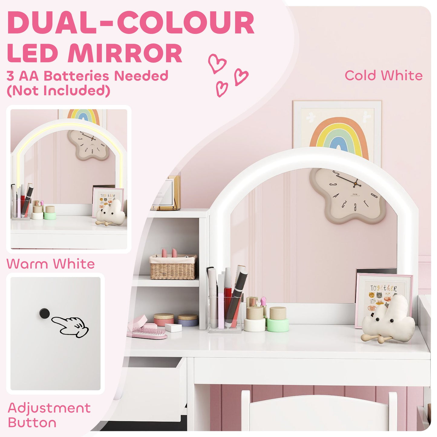 Qaba Kids Vanity Set, Toddler Dressing Table and Chair Set with Lighted Mirror, Cabinet, Drawer and Shelves, White