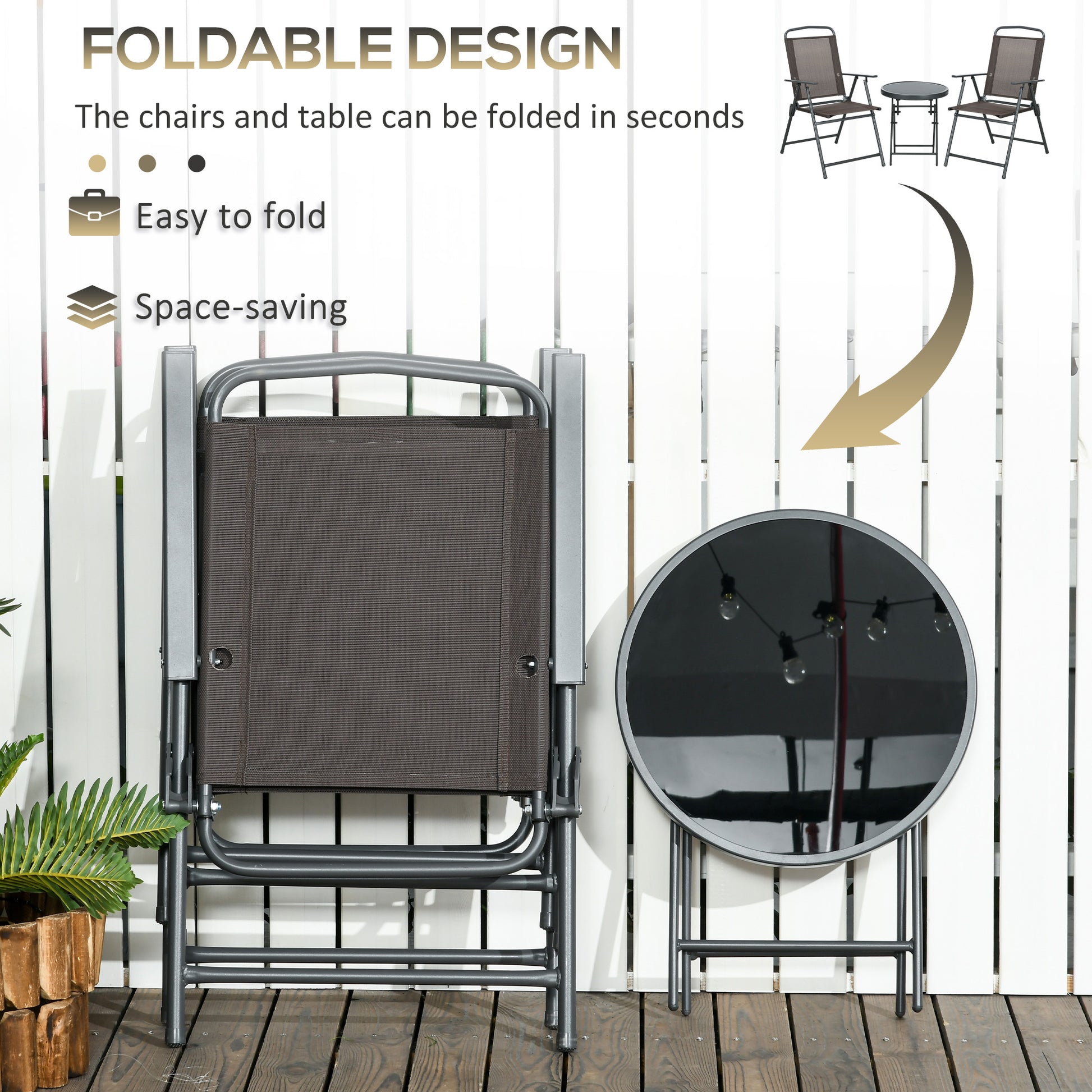 3 Pieces Bistro Set, Foldable Patio Furniture Set with Mesh Chairs, Glass Table for Garden, Balcony, Charcoal Grey
