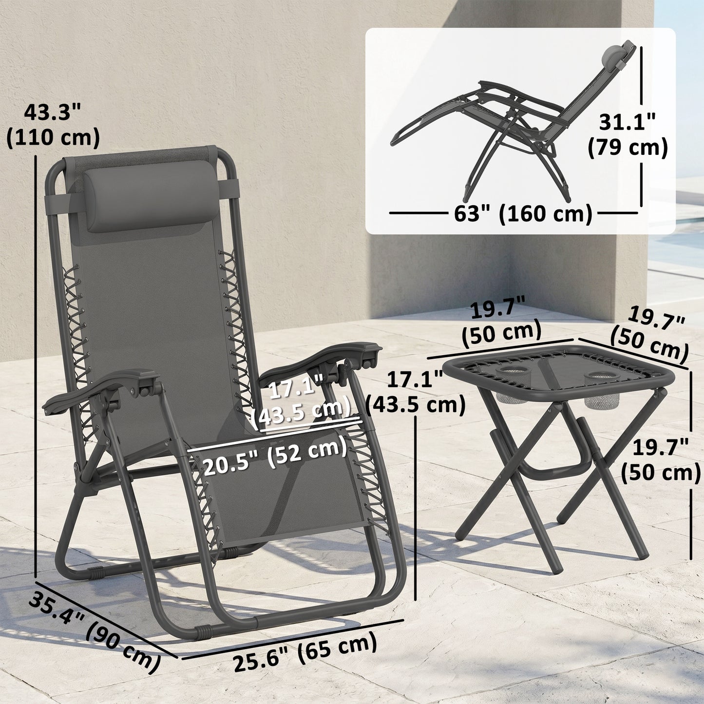 Zero Gravity Chair Set of 2 Patio Chair with Side Table Cupholders and Pillows for Pool, Backyard, Lawn, Beach, Grey