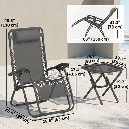 Zero Gravity Chair Set of 2 Patio Chair with Side Table Cupholders and Pillows for Pool, Backyard, Lawn, Beach, Grey
