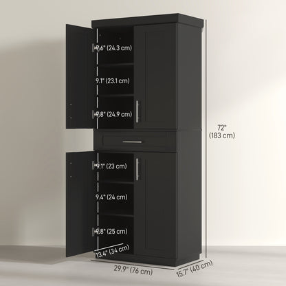 72" Storage Cabinet, Freestanding Kitchen Pantry Cabinet with 4 Doors, Drawer and 3 Adjustable Shelves, Black