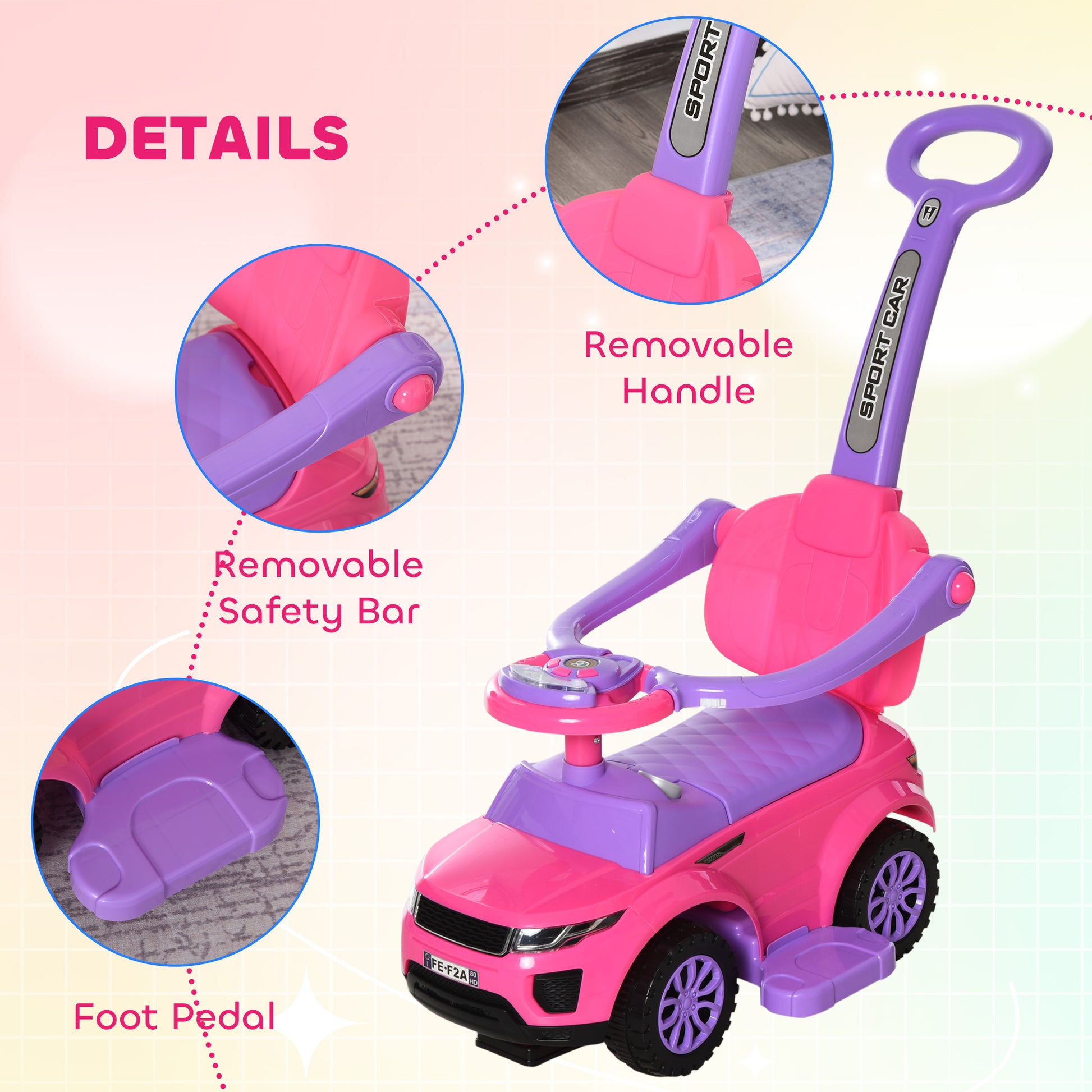 Aosom 3 in 1 Kid Ride on Push Car, Toddlers Sliding Walking Car, with Horn, Music, Light, Parent Control Handle, Secure Bar, Under Seat Storage, for Boy Girl 18-36 Months, Pink