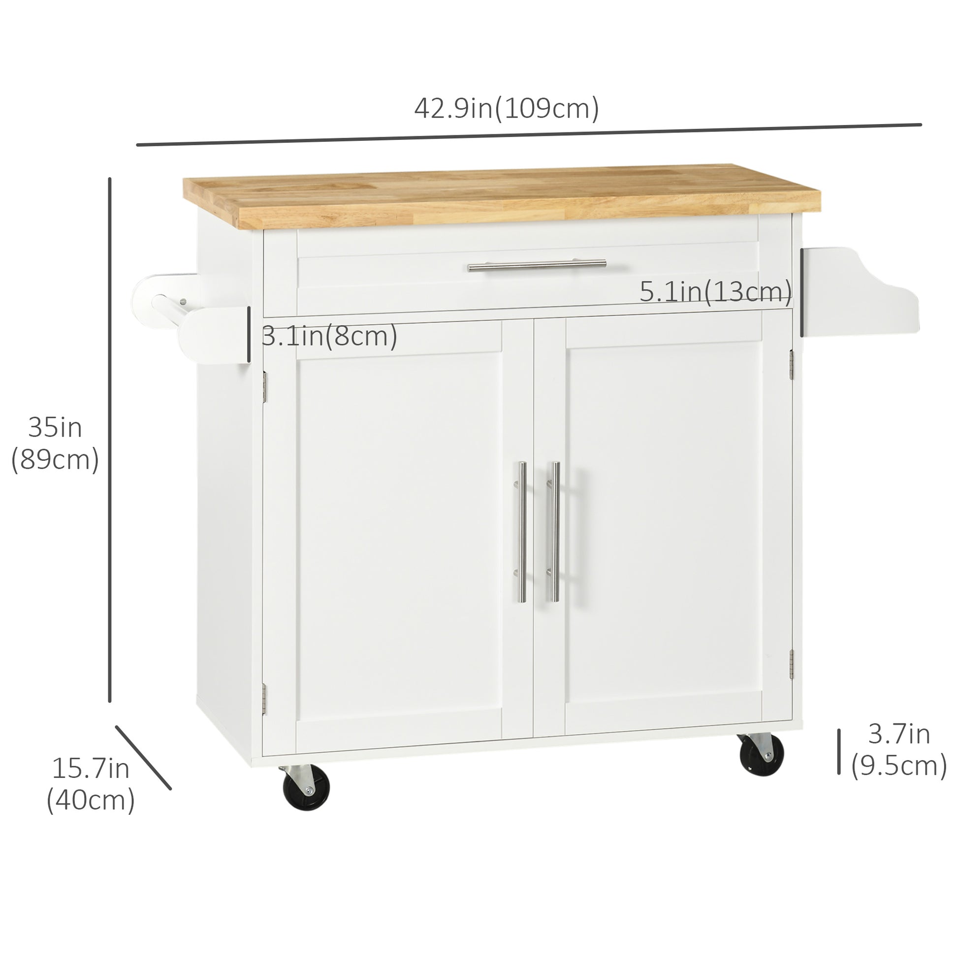 Kitchen Island with Storage, Rolling Cart Trolley with Rubberwood Top, Adjustable Shelf, Drawer, Spice Rack, White