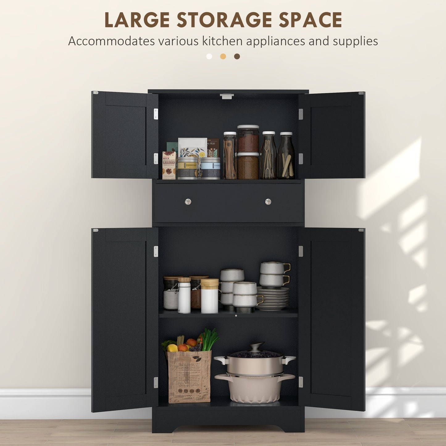 50.5" Kitchen Storage Cabinet, Modern Kitchen Pantry Cabinet with 4 Doors, Drawer, Adjustable Shelf, Black