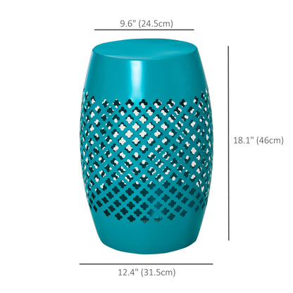 12" Steel Patio End Table, Round Hollow Drum Side Table, Accent Table for Indoor and Outdoor, Teal