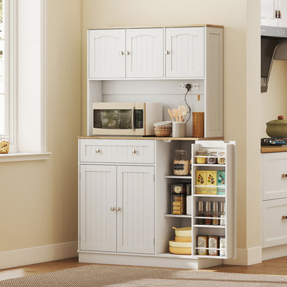 68" Pantry Cabinet with Charging Station, Kitchen Storage Cabinet with Microwave Stand, 4 Door Racks, White