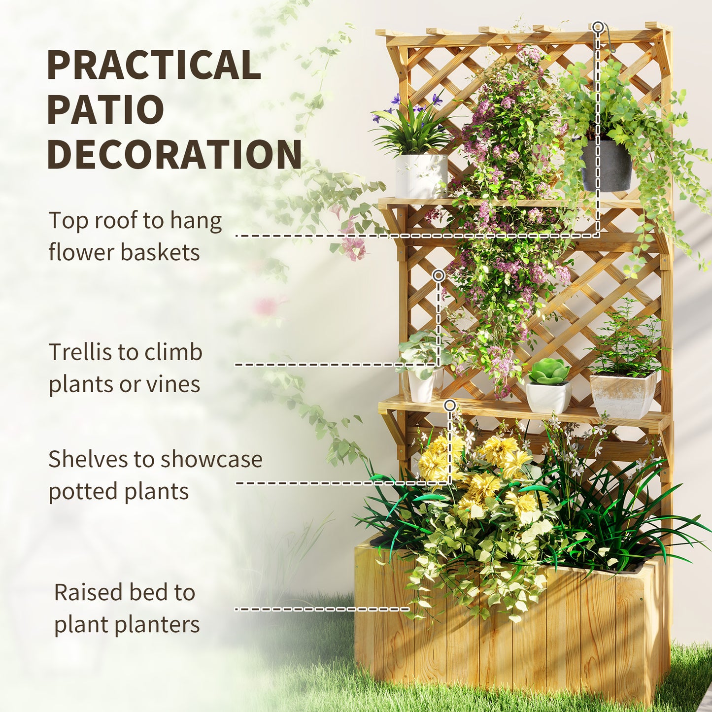 Raised Garden Bed, Wooden Planter with Trellis, Hanging Roof, Plant Shelf, Drainage Holes and Bed Liner, Nature Wood