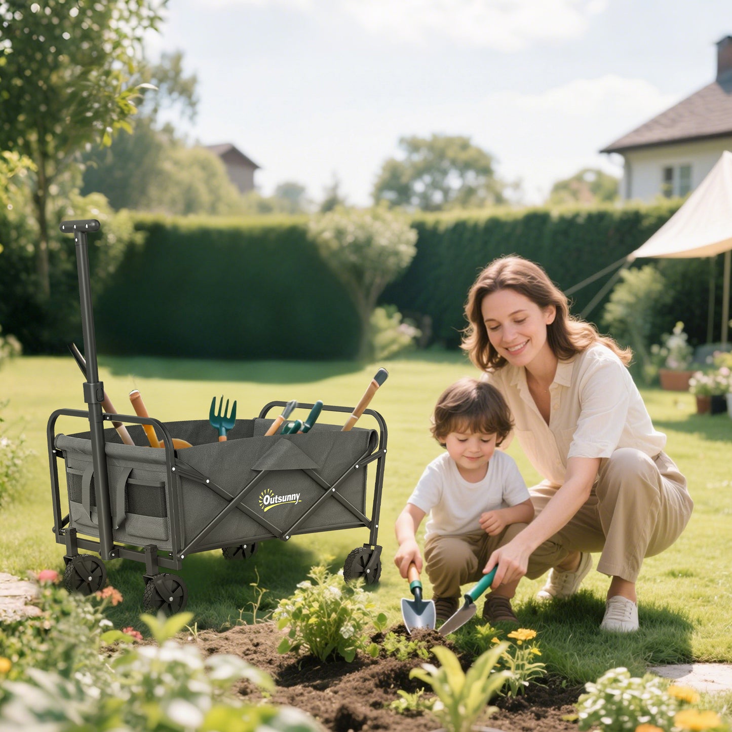 Collapsible Folding Garden Cart, Heavy Duty Lawn Wagon with Universal Wheels and Adjustable Handle, Grey