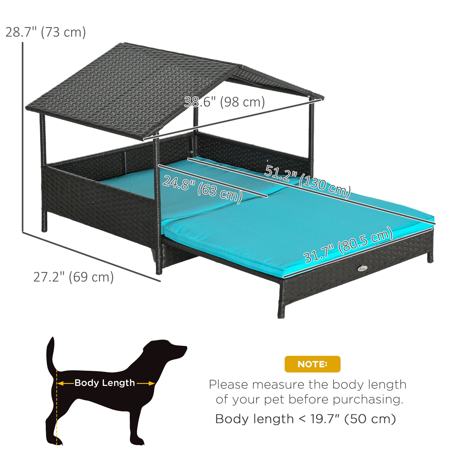 Rattan Dog House with Canopy, Wicker Dog Bed with Water-Resistant Cushion, for Small and Medium Breeds Blue