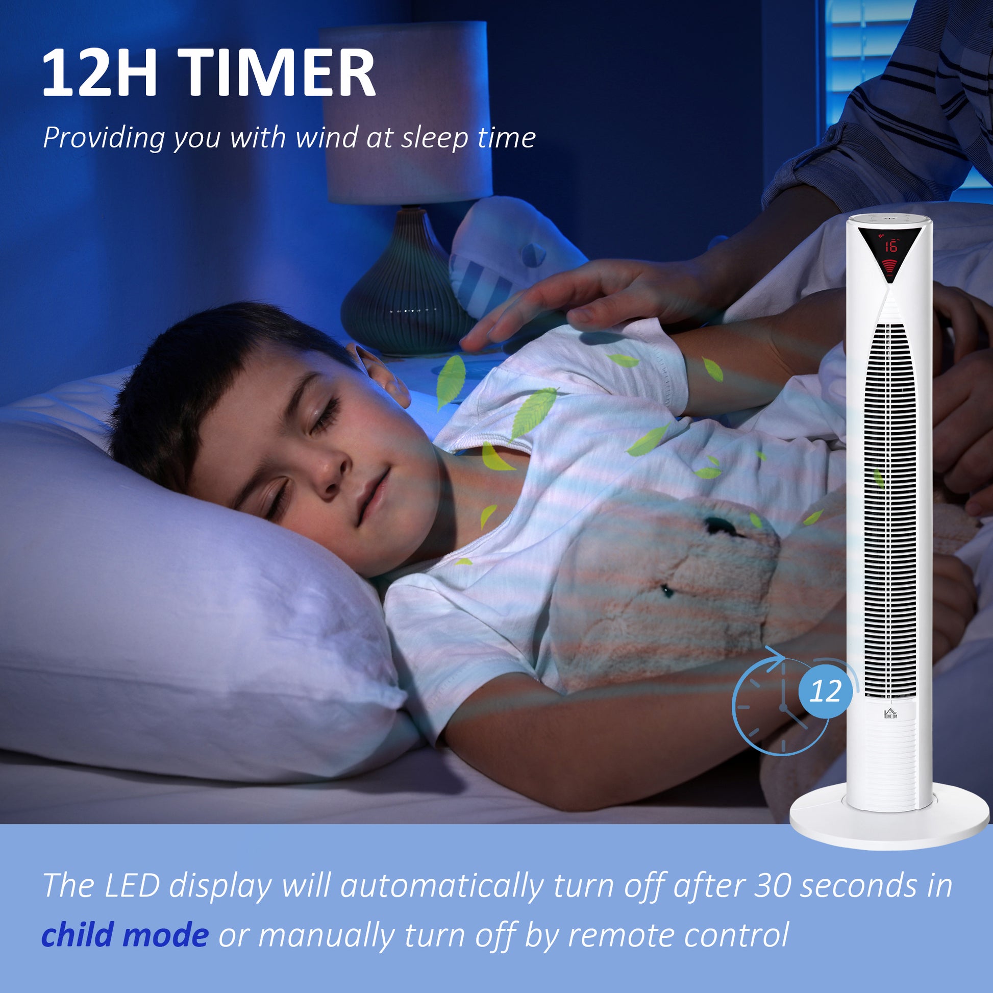 Freestanding Tower Fan Cooling for Home Bedroom with 3 Speed, 12h Timer, Oscillating, LED Sensor Panel, Remote Controller, White