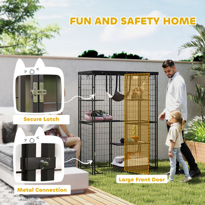 Metal Cat Cage with Waterproof Cover, 4 Platforms, Hammock, Washable Cushions for 1-3 Kittens, 46.5" x 22" x 62", Black