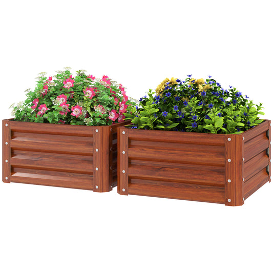 2' x 2' x 1' 2-Pieces Raised Garden Bed w/ Galvanised Steel Frame for Vegetables Flowers Herbs, Dark Brown Wood Effect
