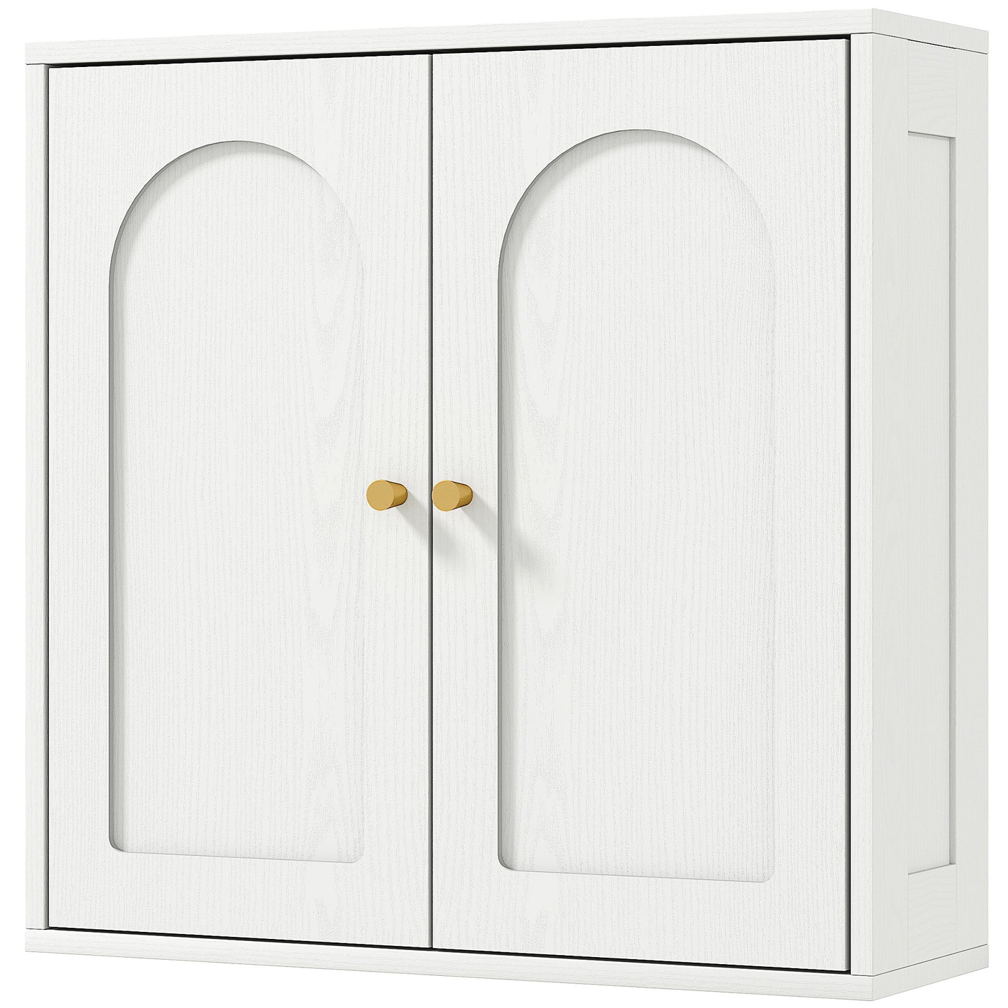 Medicine Cabinet, Modern Bathroom Wall Cabinet with 2 Arched Doors and Gold Handles, White Wood Grain