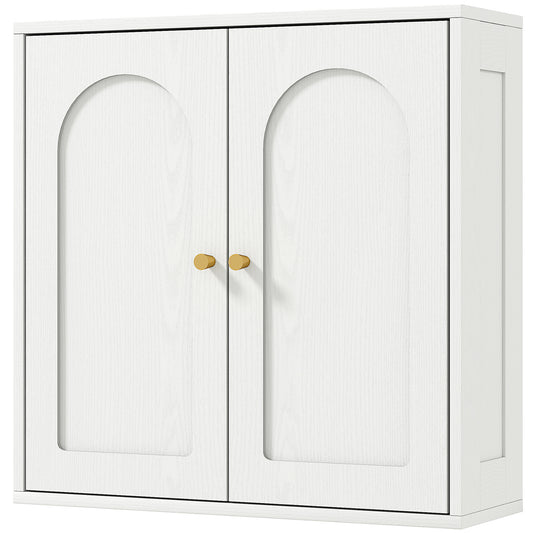 Medicine Cabinet, Modern Bathroom Wall Cabinet with 2 Arched Doors and Gold Handles, White Wood Grain