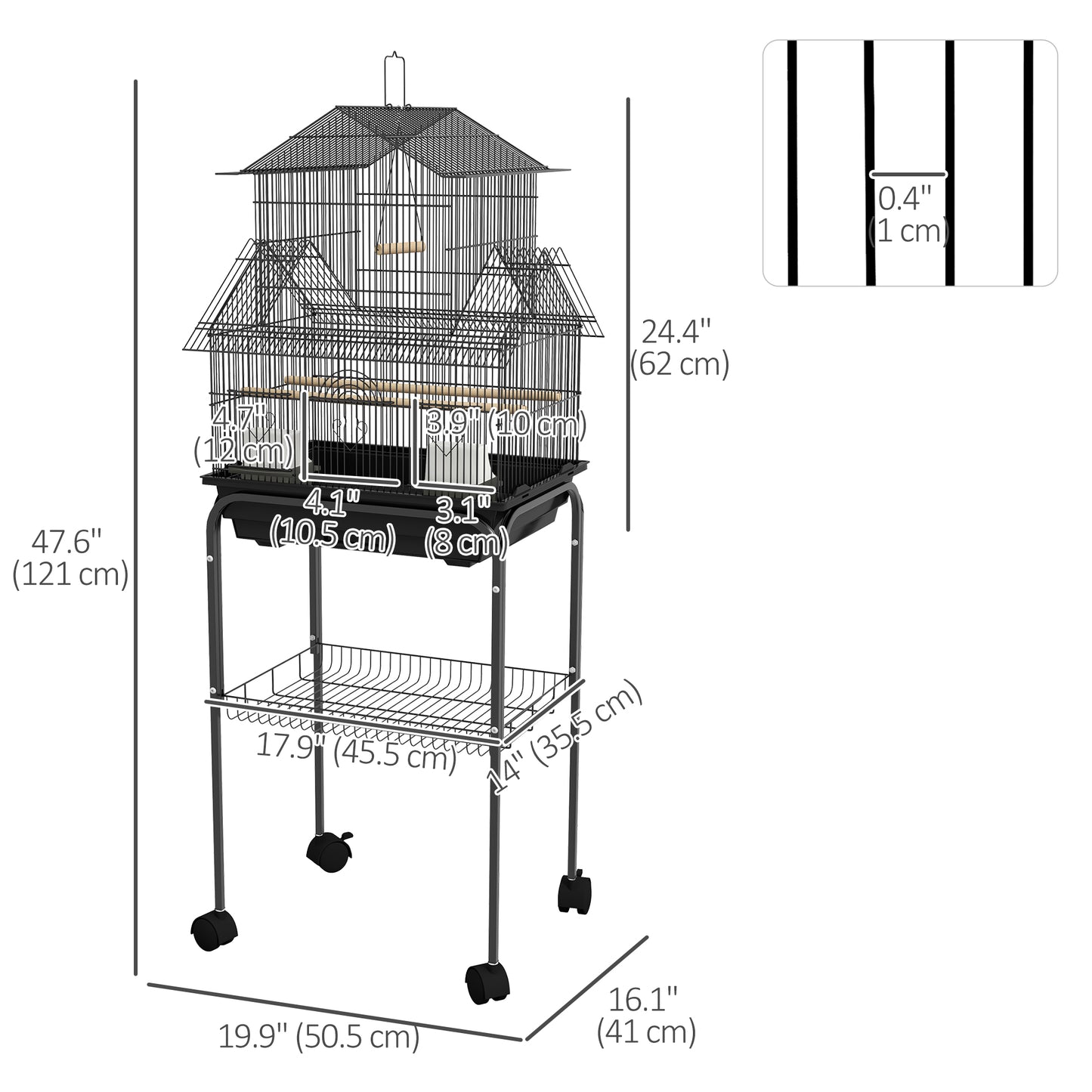 48" Bird Cage with Perch, Swing, Food Container, Slide-out Tray, Handle, Parrot Cage for Finches, Canaries, Budgies