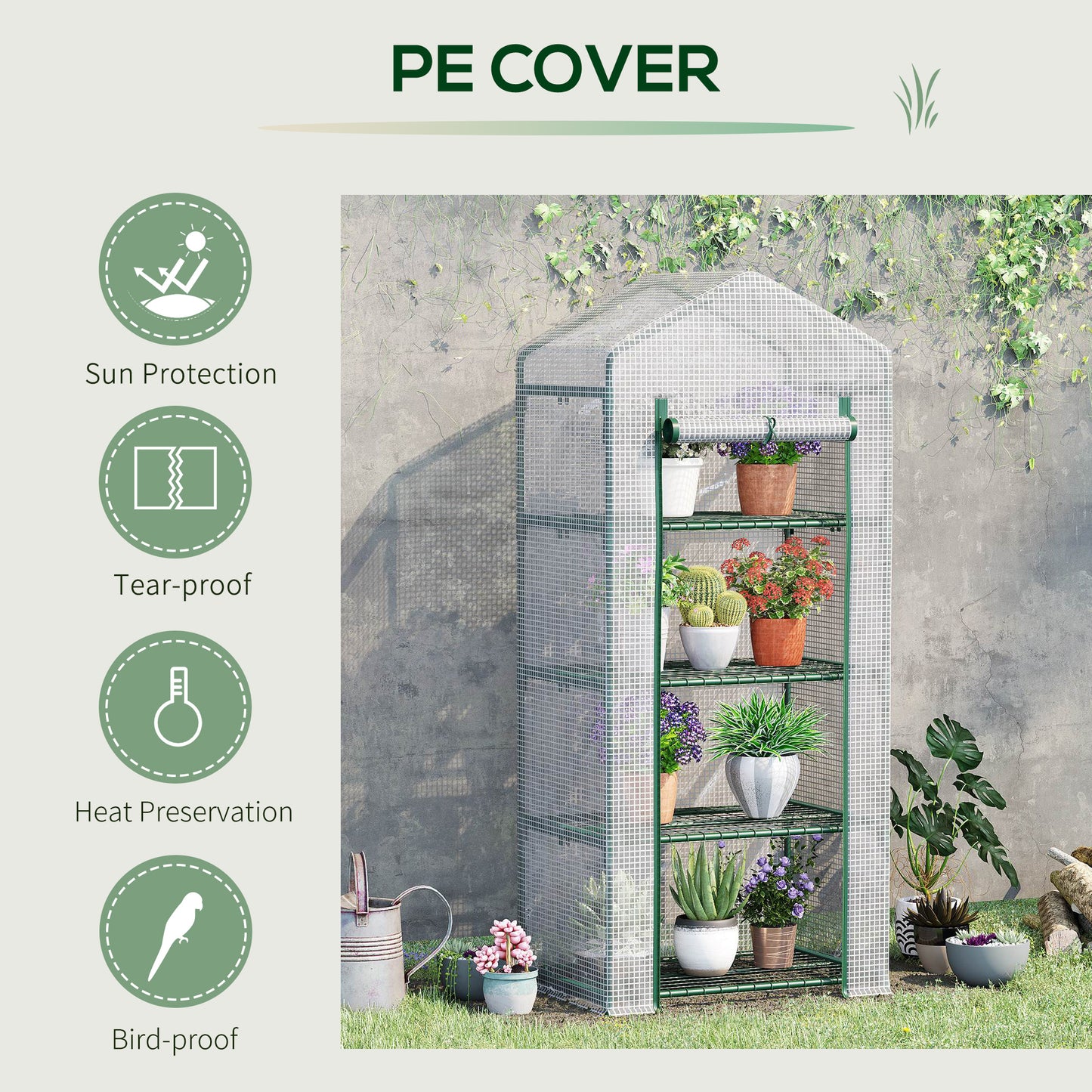 Portable Greenhouse Outdoor Hot House with 4 Tier Shelves, Steel Frame, PE Cover, 28" x 20" x 63" , White