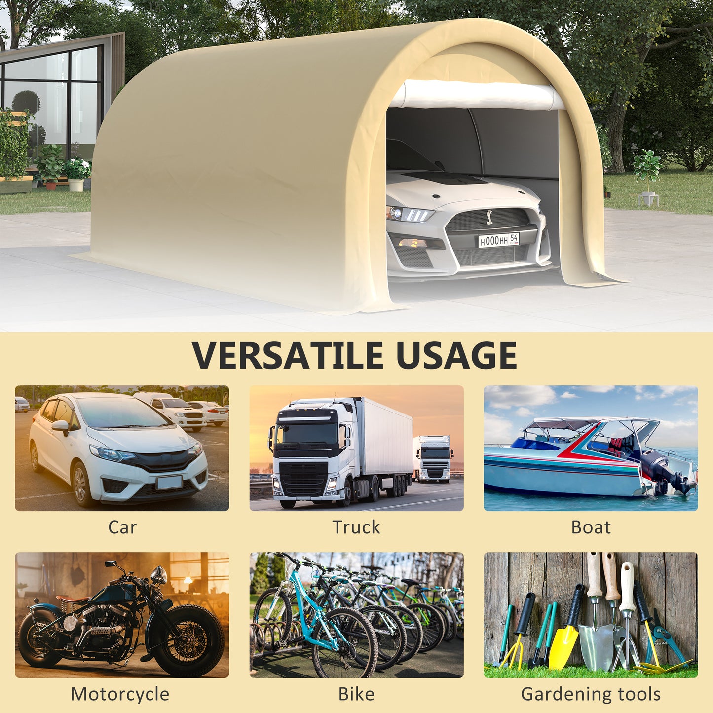 10' x 16' Heavy Duty Portable Carport Tent with Zippered Door, PE Cover for Car, Boat, Motorcycle, Bike, Beige