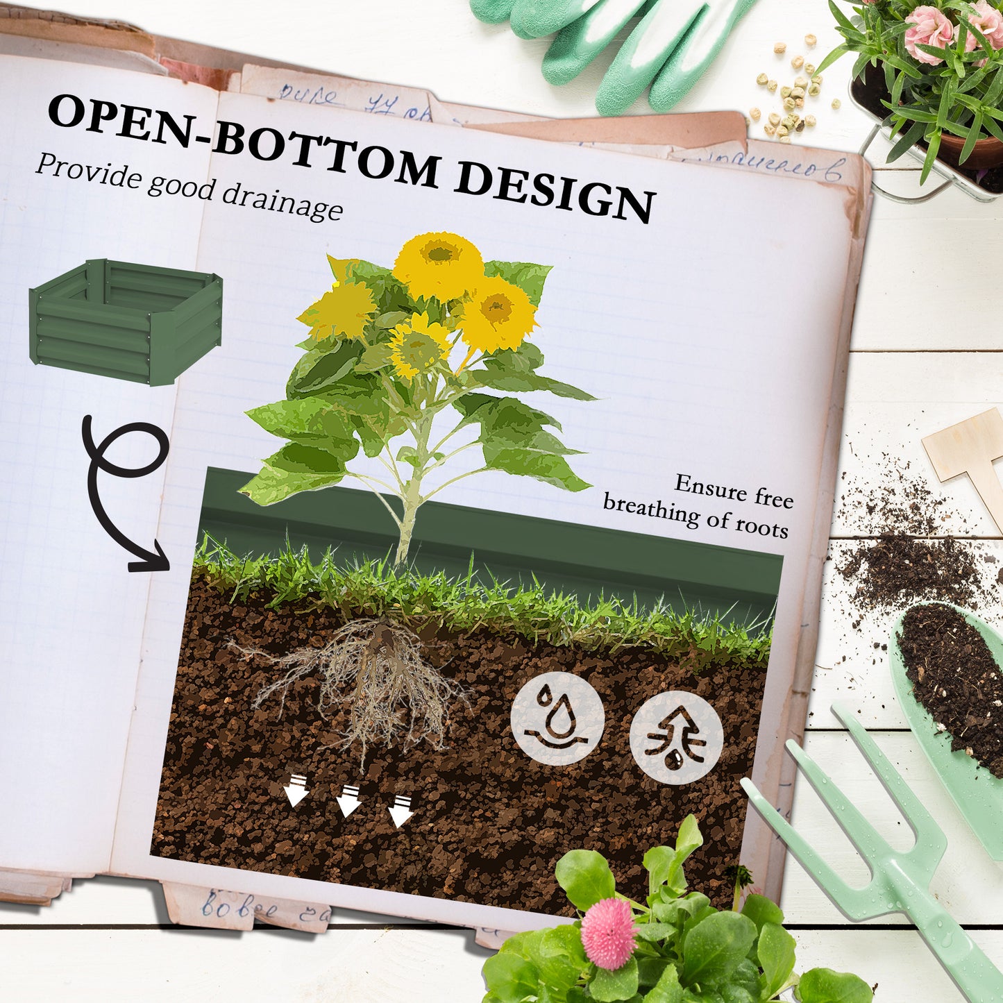 Galvanized Planter Box, Outdoor Raised Garden Bed with 3-Tier Trellis Tomato Cage for Climbing Vines, Vegetables, Green