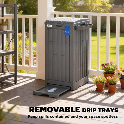 29 Gallon Outdoor Garbage Bin with Dual Lid, Plastic Outdoor Waste Trash Can with Side Holder and Drip Tray, Grey