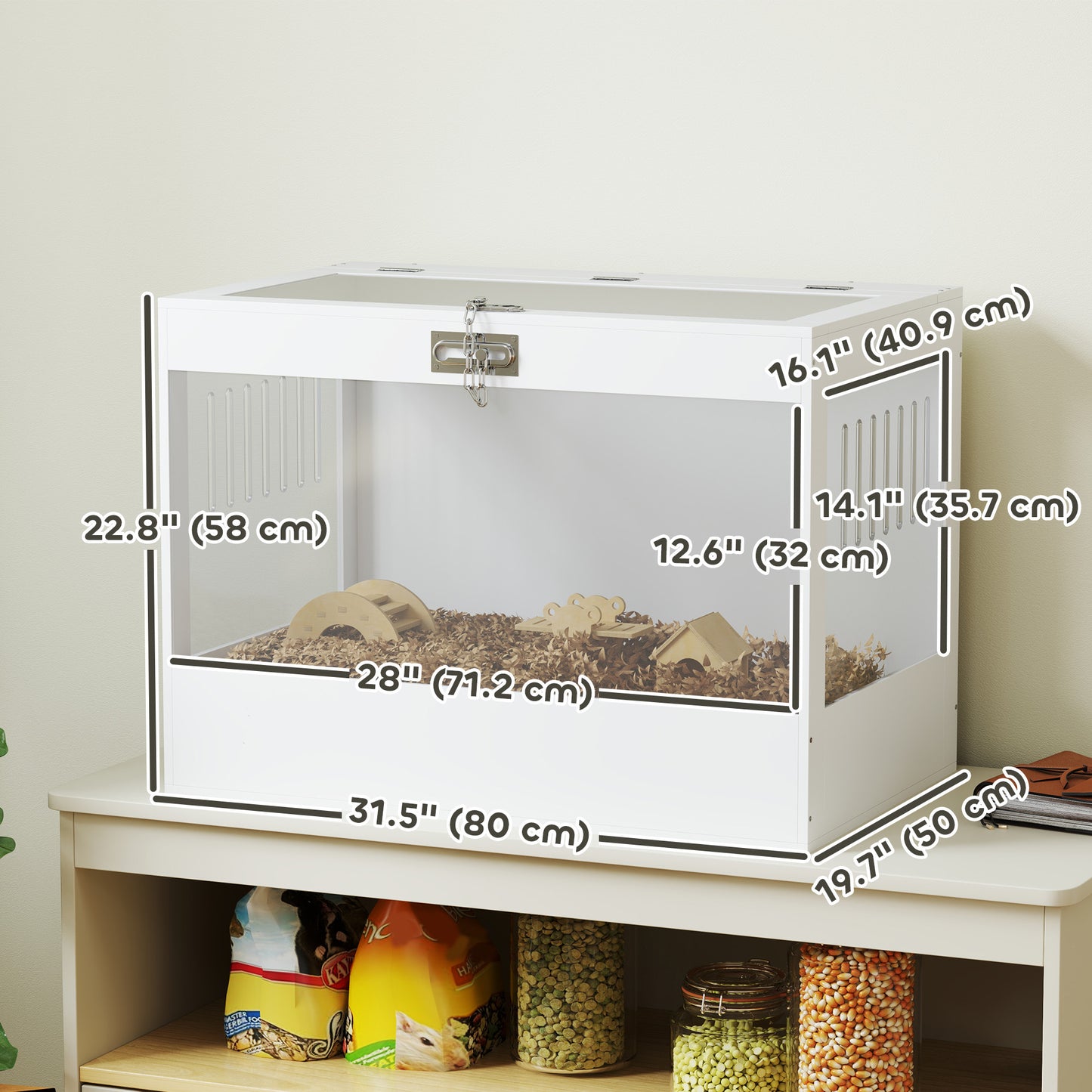 31.5"L Hamster Cage with Openable Top, Hut, Seesaw, Ladder for Dwarf Hamster, Gerbil, White