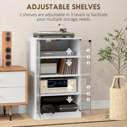 5-Tier Media Cabinet, Media Stand with Adjustable Shelves, Tempered Glass Doors, and Cable Management, Distressed White