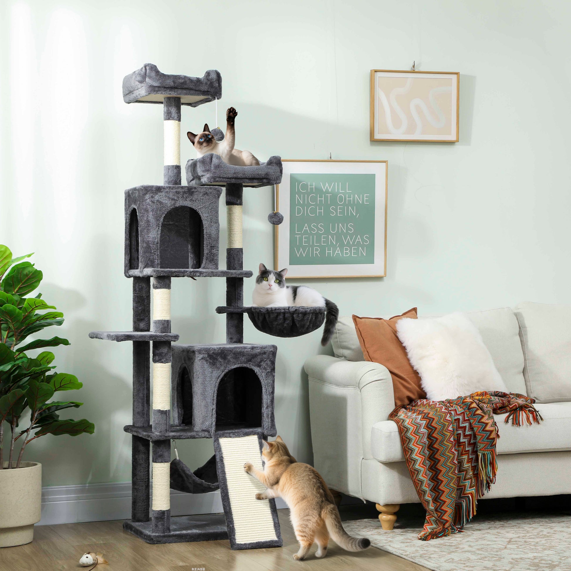 Cat Tree, 70" Multi-Level Cat Tower with 2 Condos, 2 Perches, Hammock, Toy Balls, Scratching Posts and Board, Dark Grey