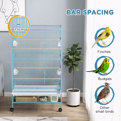 52'' Large Rolling Steel Bird Cage Bird House with Rolling Stand, Storage Shelf, Wood Perch, Food Container, Light Blue
