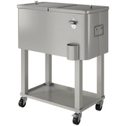 60 Quart Rolling Outdoor Cooler, Portable Rolling Patio Cooler Cart with Locking Wheels, Storage Shelf, Silver