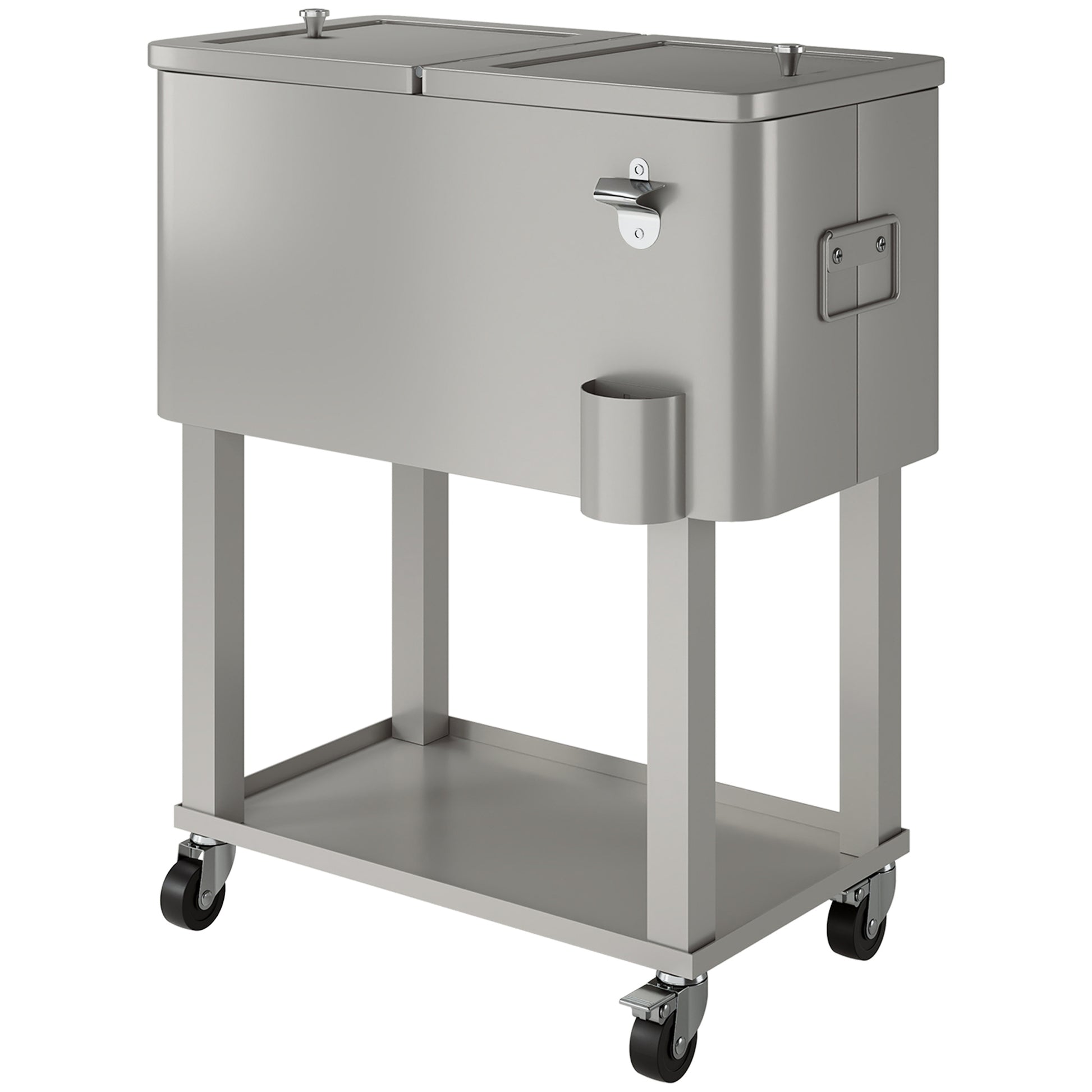 60 Quart Rolling Outdoor Cooler, Portable Rolling Patio Cooler Cart with Locking Wheels, Storage Shelf, Silver