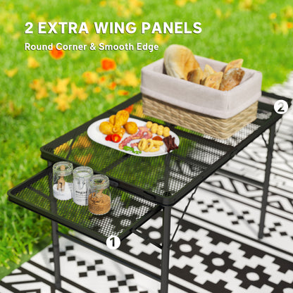 4.5ft Folding Grill Table, Height Adjustable Camping Table w/ Wing Panels, Metal Portable Picnic Table w/ Mesh Desktop