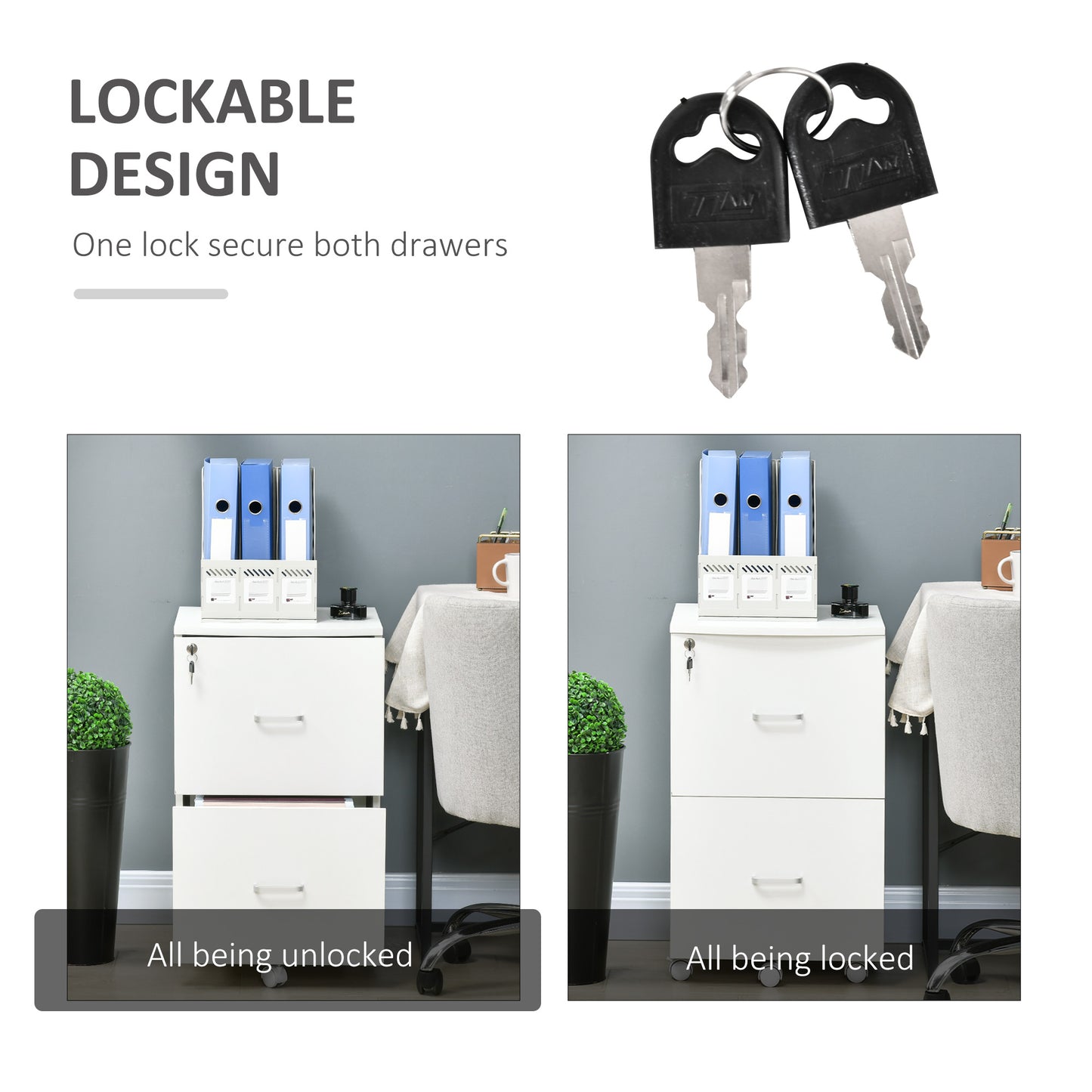 2 Drawer File Cabinet with Lock, Small Rolling Filing Cabinet for A4, Letter-Size Documents, Printer Stand for Home Office, 17" x 17.75" x 28.25", White