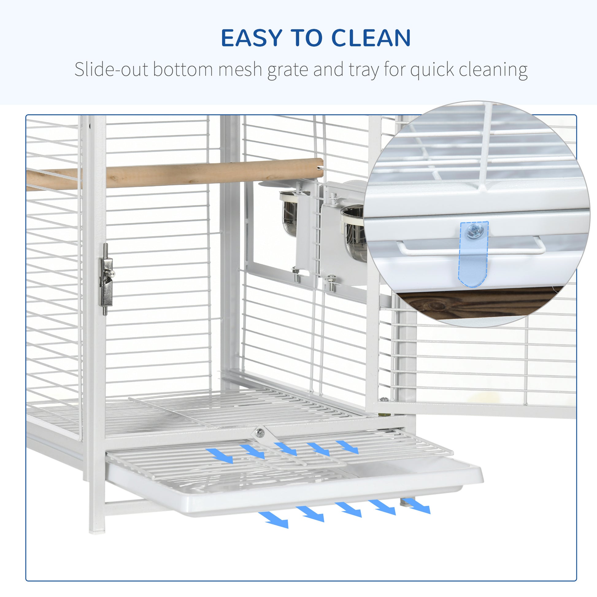 Bird Travel Carrier Cage, Portable Metal Bird Cage for Parrots Conures Cockatiel Parakeets with Stand Perch, Stainless Steel Bowls, Pull Out Tray, 19" x 15" x 26", White
