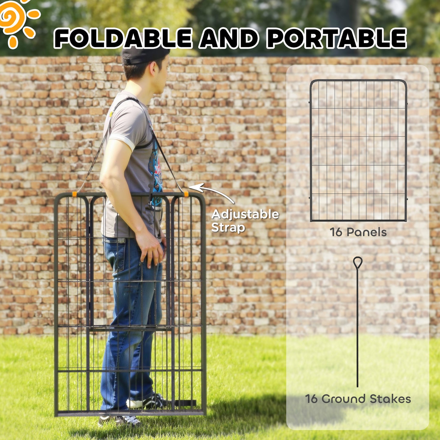 16 Panels Dog Playpen with Straps, Portable & DIY, for Large Dogs, for Yard, RV, Camping, Garden, 39" Height