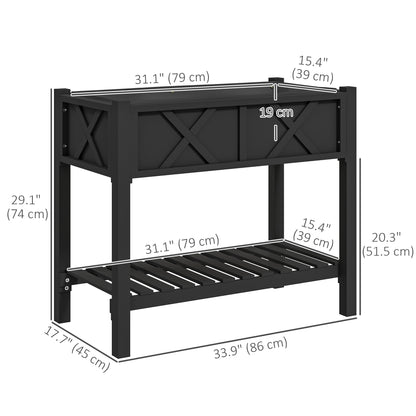 Wooden Raised Garden Bed, Elevated Planter Box with Storage Shelf, Drainage Holes and Liner, 34" x 18" x 30", Black