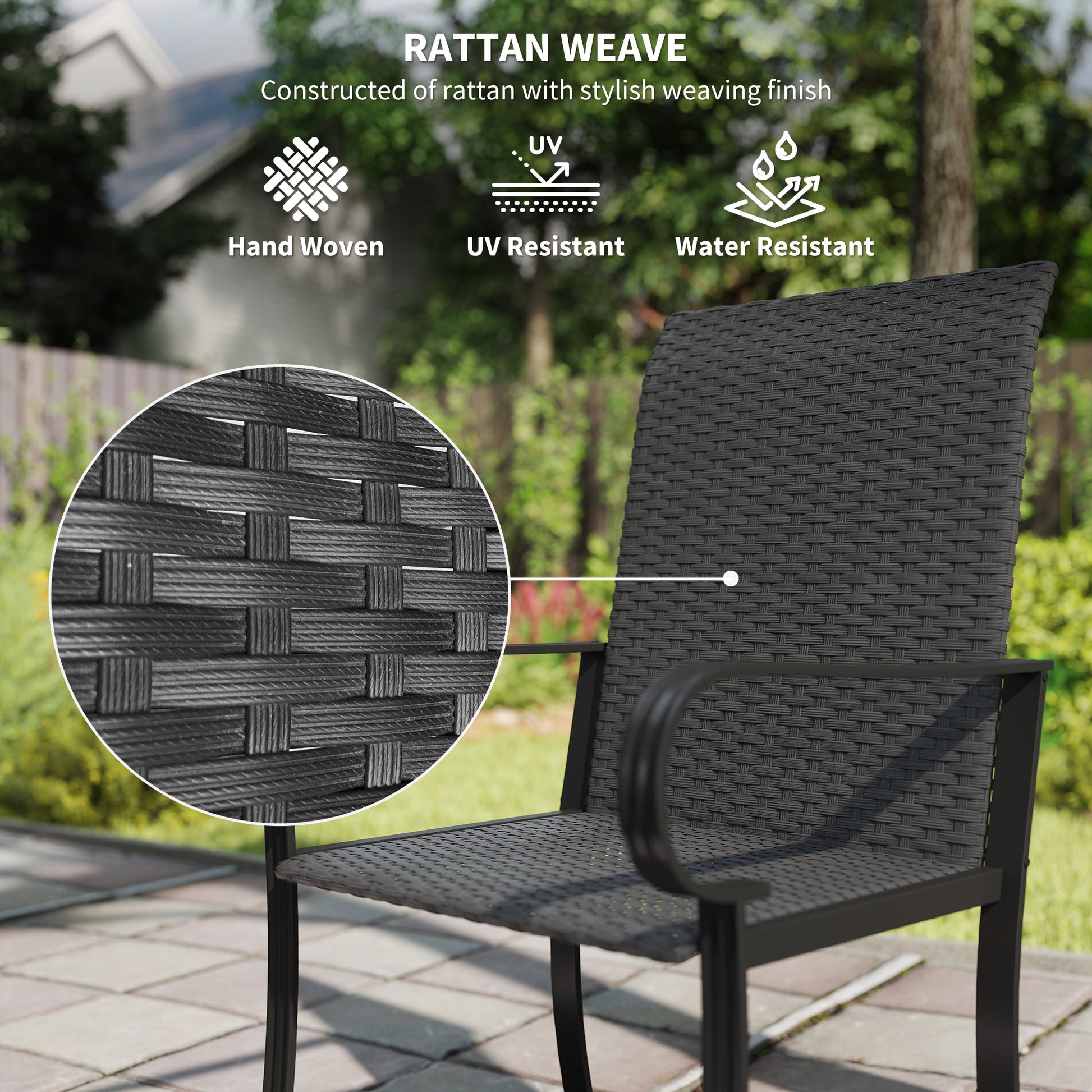 2 Piece PE Rattan Patio Dining Chairs with Steel Frame, for Garden, Backyard, Pool Side, Porch, Black
