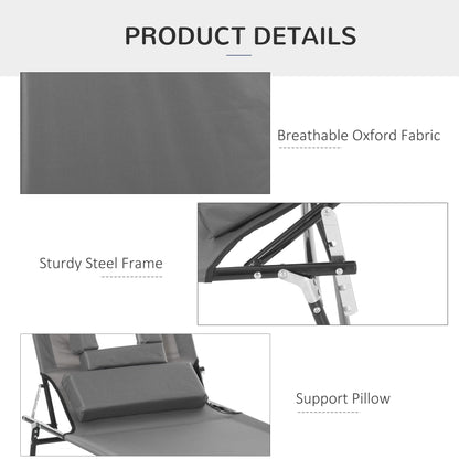 Adjustable Outdoor Lounge Chair, Garden Folding Chaise Lounge with Face Hole Reclining Tanning Chair Seat, Folding Camping Beach Lounging Bed w/ Support Pillow, Grey