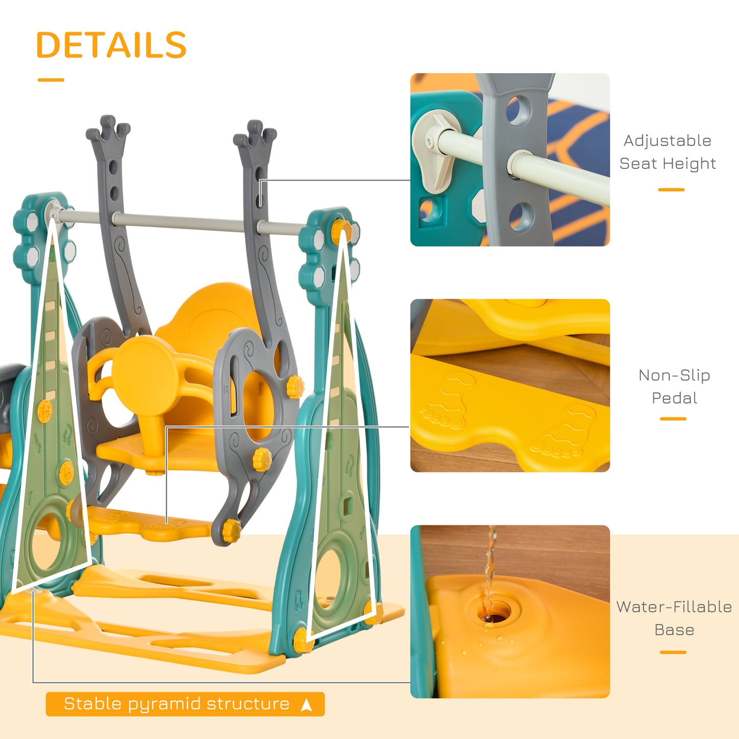 Qaba 4-in-1 Toddler Slide and Swing Set with Basketball Hoop and Adjustable Seat Height, Kids Play Climber Slide Playset for Indoor and Outdoor Playground Activity Center