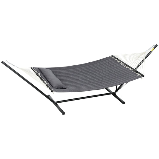 2 Person Hammock Quilted Double Hammock with Stand Pillow Spreader Bars for Outdoor Camping Beach, Dark Grey
