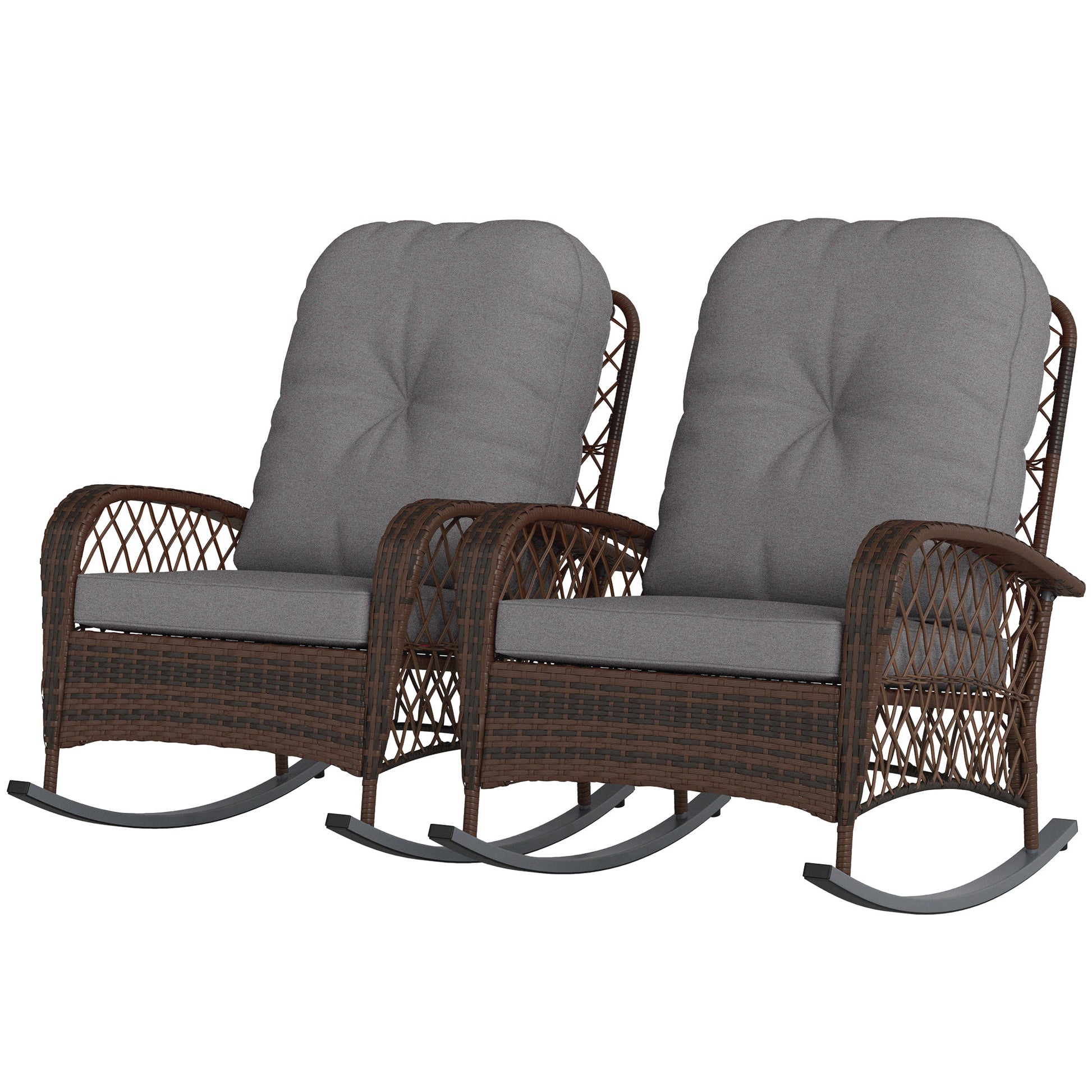 Outdoor Wicker Rattan Rocking Chair Set of 2, Patio Rocker with Thick Cushions for Garden Backyard Porch, Grey
