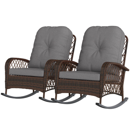 Outdoor Wicker Rattan Rocking Chair Set of 2, Patio Rocker with Thick Cushions for Garden Backyard Porch, Grey