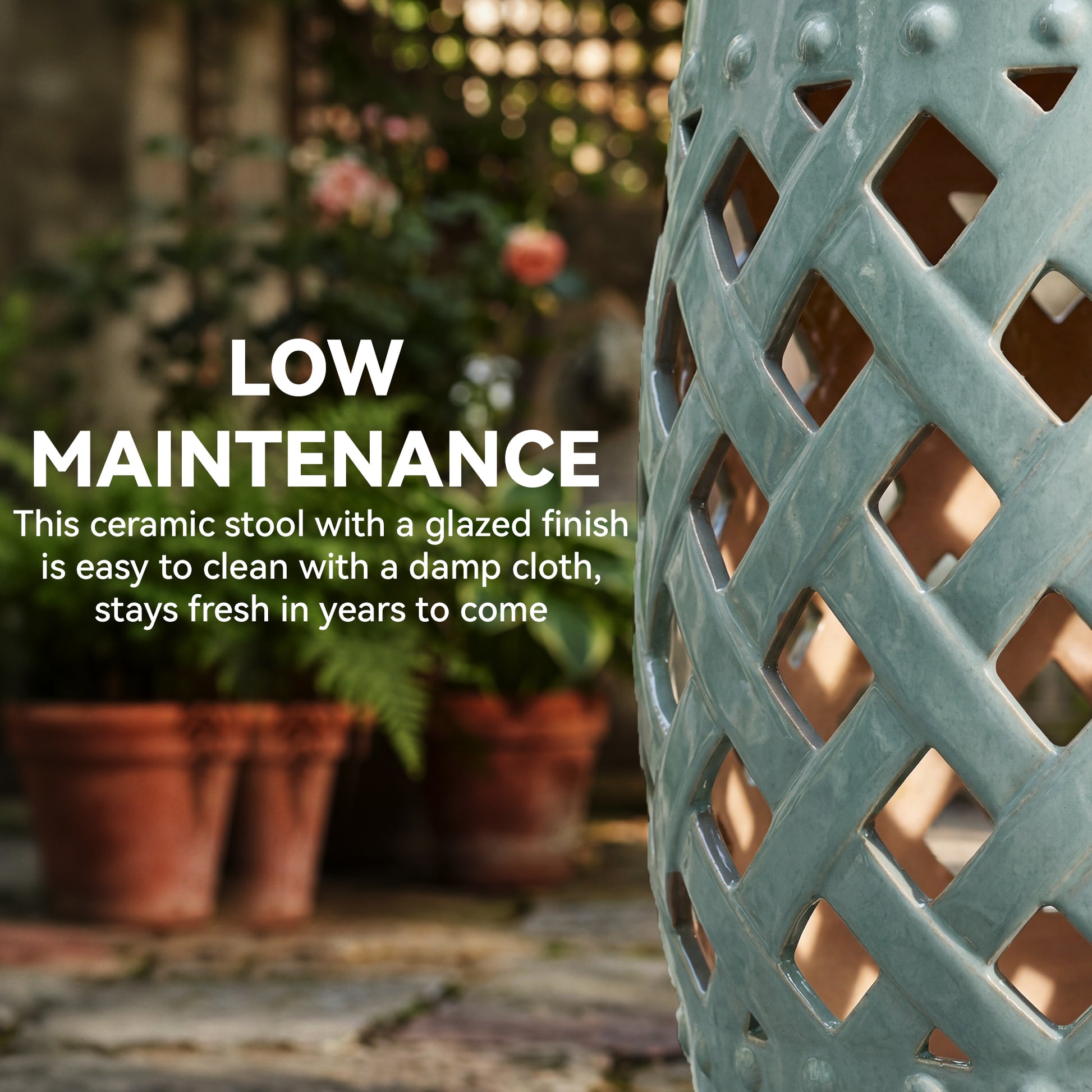 18" Ceramic Garden Stool with Woven Lattice Design, Indoor & Outdoor Decorative Accent Stool, Blue