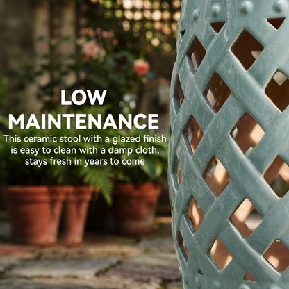 18" Ceramic Garden Stool with Woven Lattice Design, Indoor & Outdoor Decorative Accent Stool, Blue