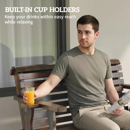 Outdoor Glider Bench, Wooden Glider Chair with 2 Cupholders, Slatted Seat and Armrests, Patio Swing Rocking Loveseat