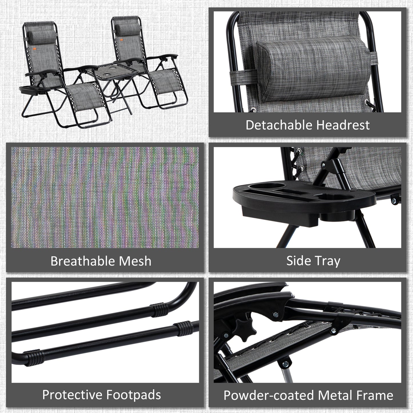 Zero Gravity Chair Set of 2 Patio Chair with Side Table Cupholders and Pillows for Pool, Backyard, Lawn, Beach, Grey