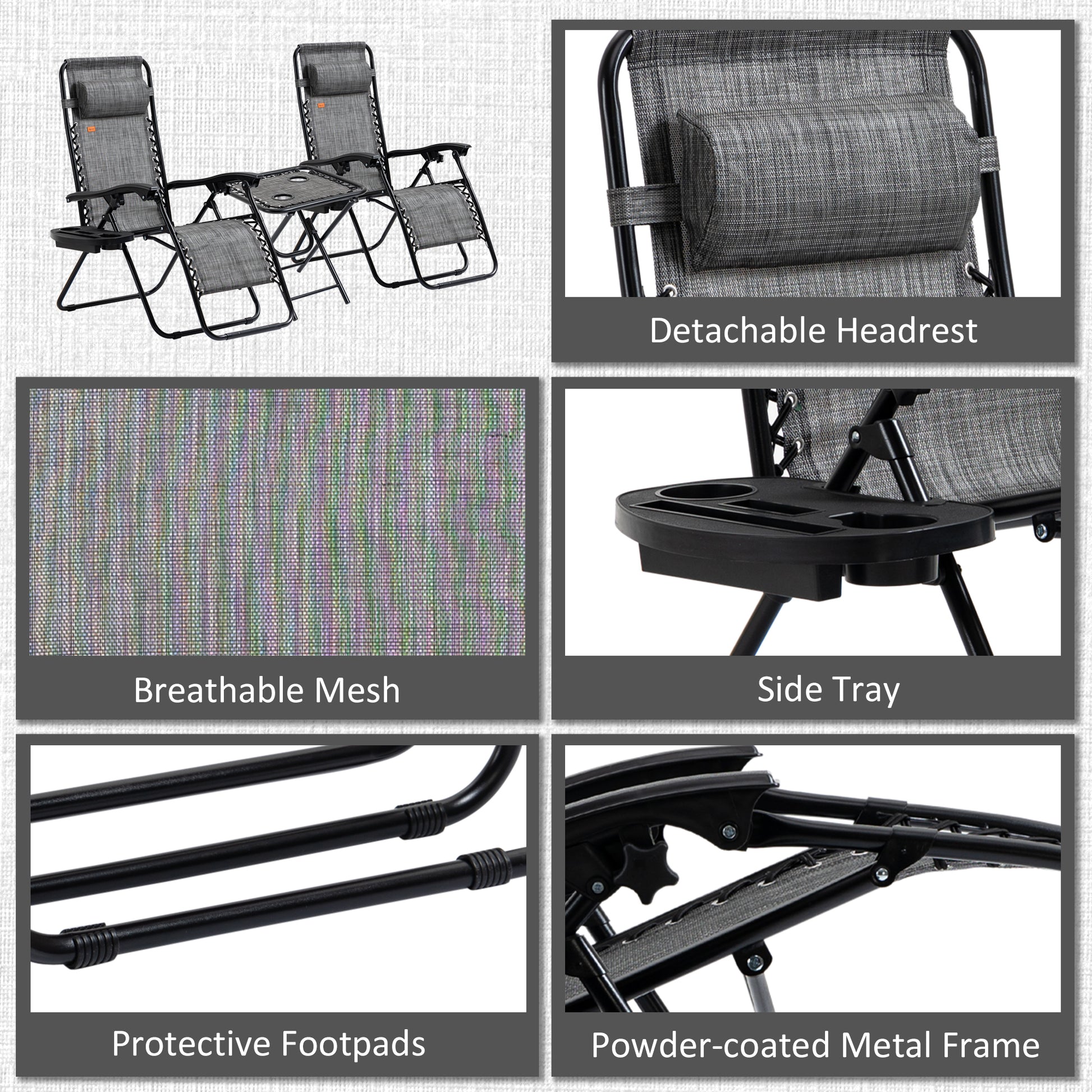 Zero Gravity Chair Set of 2 Patio Chair with Side Table Cupholders and Pillows for Pool, Backyard, Lawn, Beach, Grey