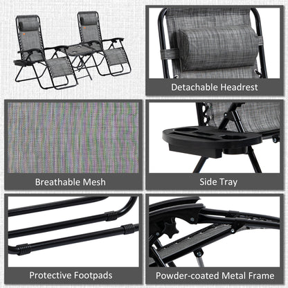 Zero Gravity Chair Set of 2 Patio Chair with Side Table Cupholders and Pillows for Pool, Backyard, Lawn, Beach, Grey